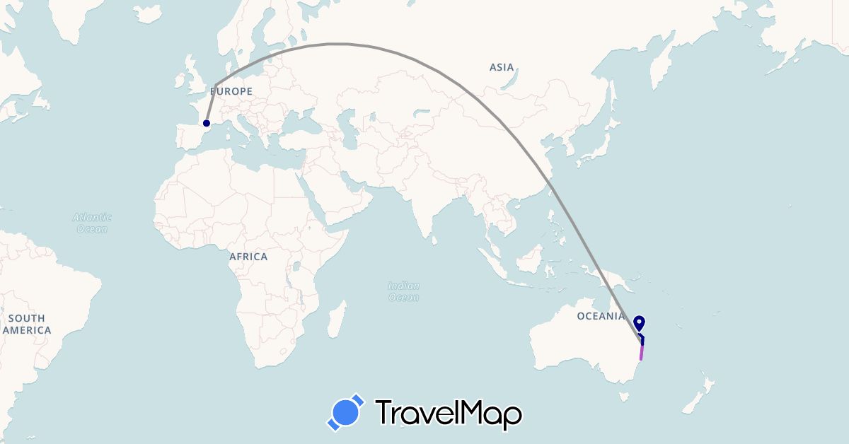 TravelMap itinerary: driving, plane, train in Australia, France, Netherlands, Taiwan (Asia, Europe, Oceania)